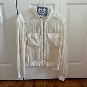 BCBGMAXAZRIA 100% Silk White Bomber Jacket with zipper translucent Sz L